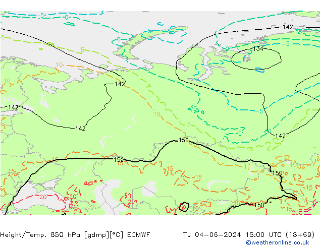 Height/Temp. 850 гПа ECMWF вт 04.06.2024 15 UTC