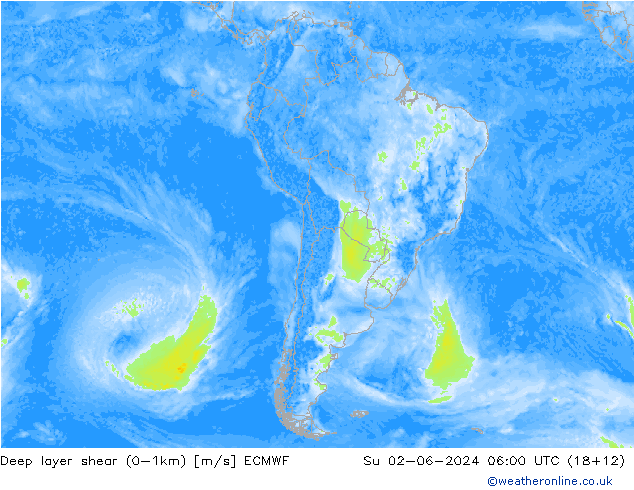 Deep layer shear (0-1km) ECMWF zo 02.06.2024 06 UTC