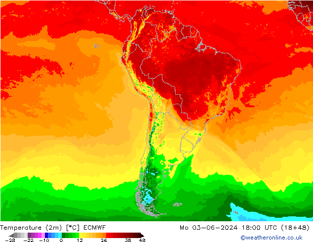 Temperature (2m) ECMWF Po 03.06.2024 18 UTC