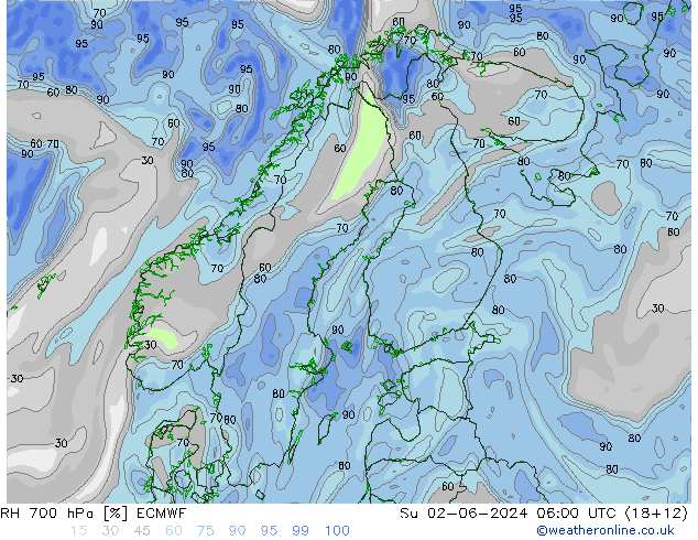 RH 700 hPa ECMWF Su 02.06.2024 06 UTC