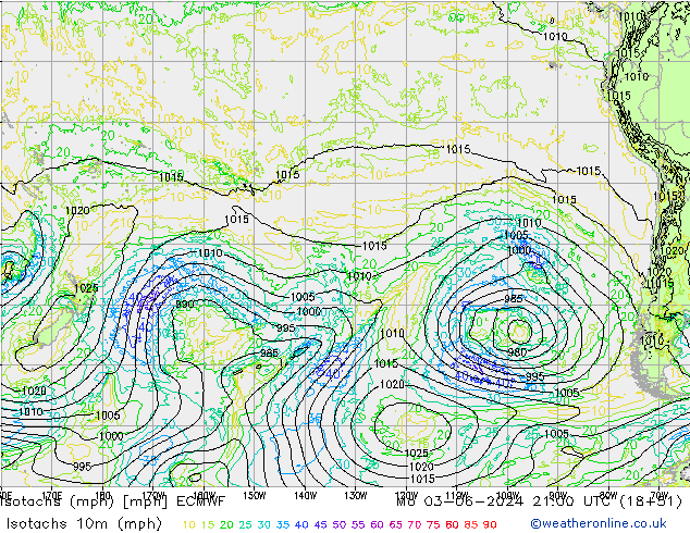 Isotachs (mph) ECMWF пн 03.06.2024 21 UTC