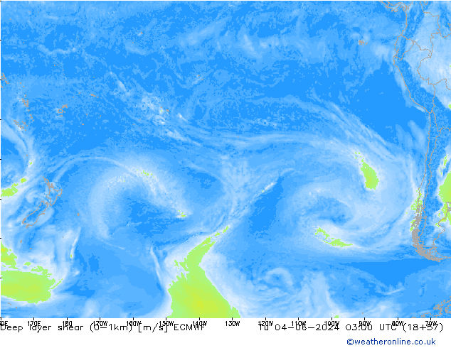 Deep layer shear (0-1km) ECMWF Sa 04.06.2024 03 UTC