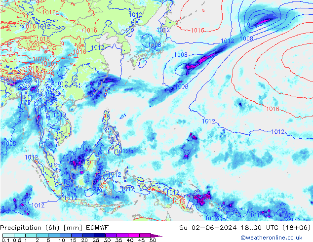 Precipitation (6h) ECMWF Su 02.06.2024 00 UTC