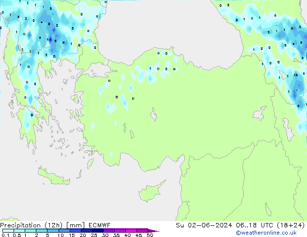 Precipitation (12h) ECMWF Su 02.06.2024 18 UTC