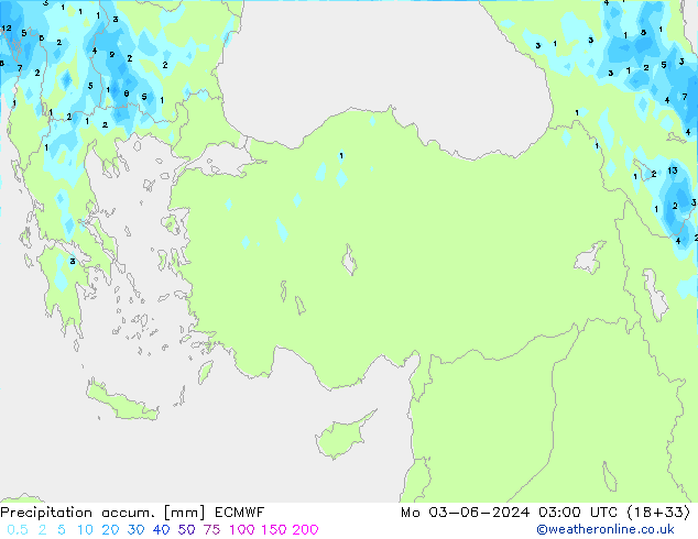Precipitation accum. ECMWF pon. 03.06.2024 03 UTC