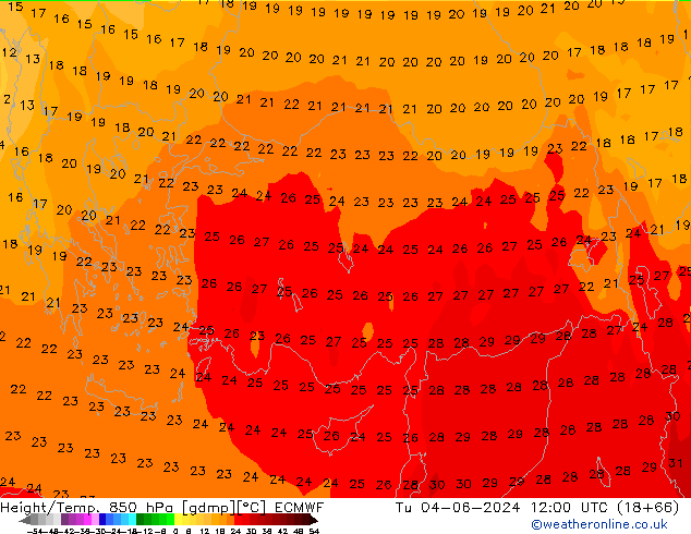 Z500/Rain (+SLP)/Z850 ECMWF wto. 04.06.2024 12 UTC