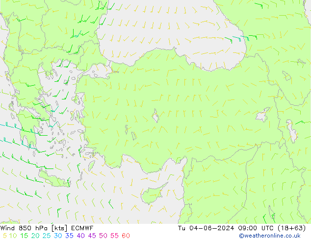 Wind 850 hPa ECMWF Út 04.06.2024 09 UTC