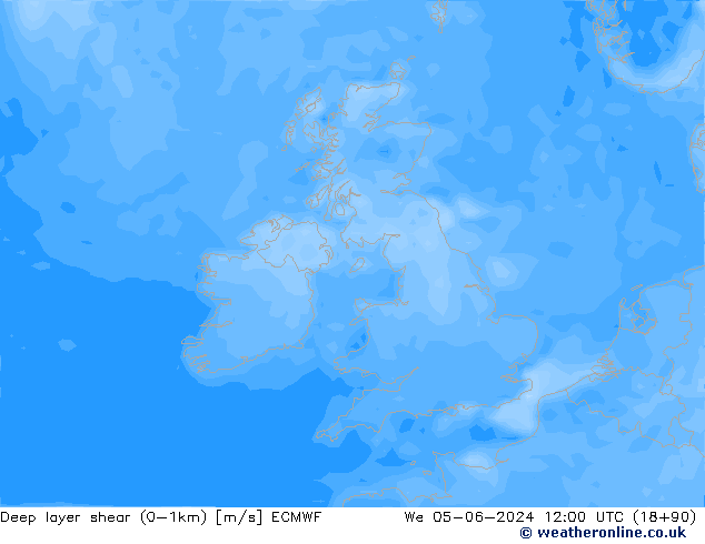 Deep layer shear (0-1km) ECMWF We 05.06.2024 12 UTC