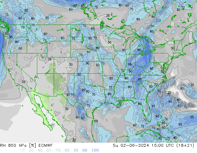 Humidité rel. 850 hPa ECMWF dim 02.06.2024 15 UTC