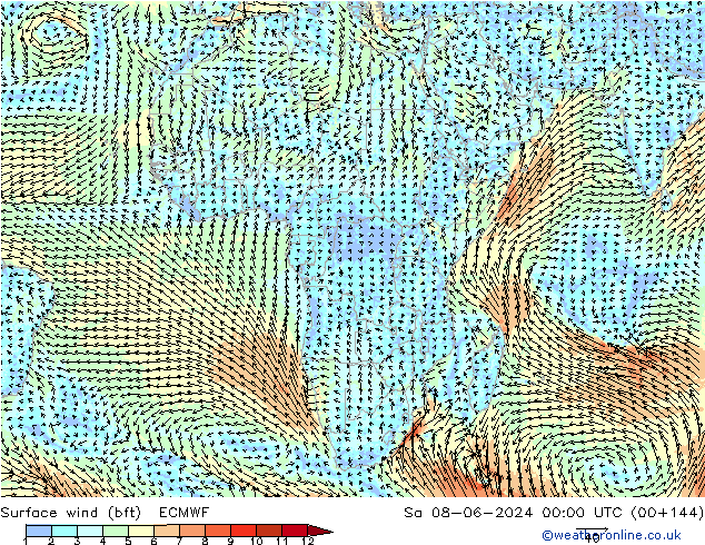 wiatr 10 m (bft) ECMWF so. 08.06.2024 00 UTC