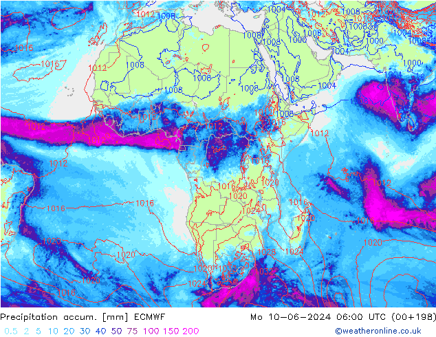 Precipitation accum. ECMWF pon. 10.06.2024 06 UTC