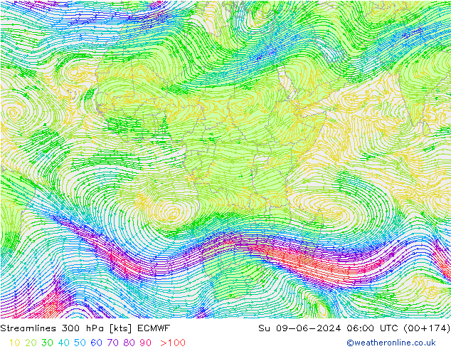 Streamlines 300 hPa ECMWF Su 09.06.2024 06 UTC