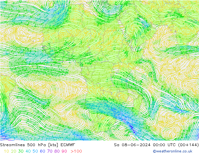 Linia prądu 500 hPa ECMWF so. 08.06.2024 00 UTC