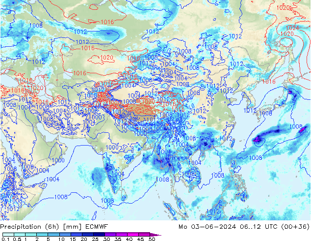 Precipitation (6h) ECMWF Mo 03.06.2024 12 UTC