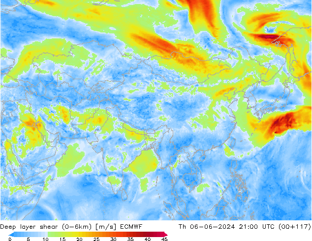 Deep layer shear (0-6km) ECMWF gio 06.06.2024 21 UTC