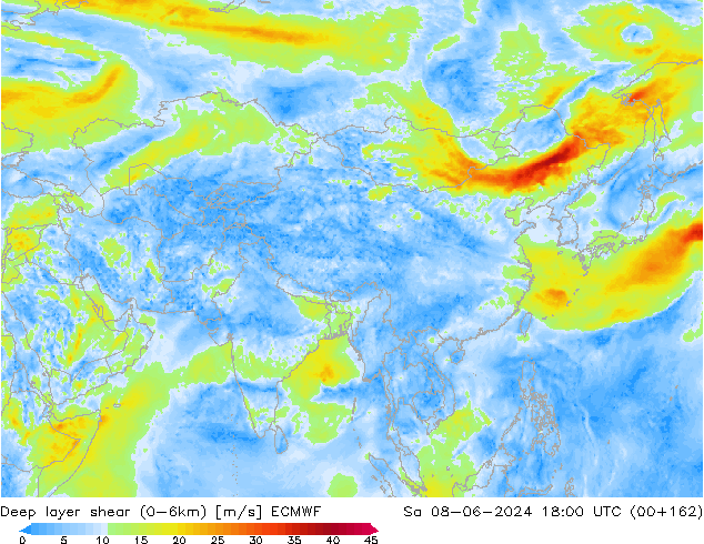 Deep layer shear (0-6km) ECMWF sam 08.06.2024 18 UTC