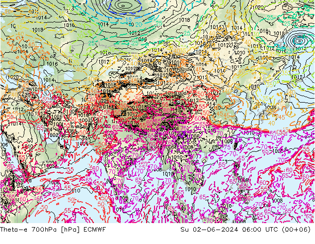 Theta-e 700hPa ECMWF Su 02.06.2024 06 UTC