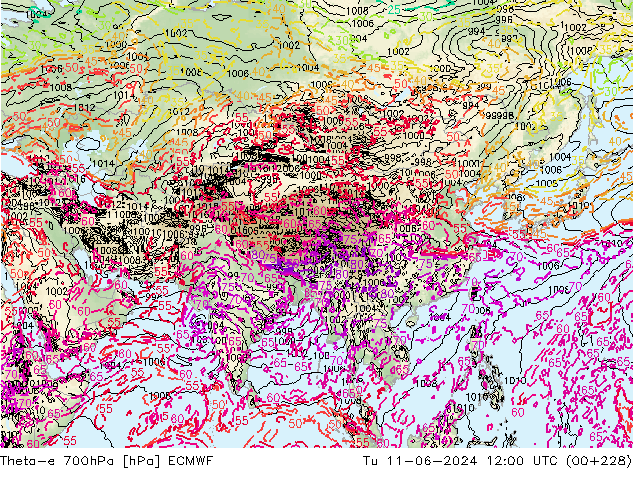 Theta-e 700hPa ECMWF Tu 11.06.2024 12 UTC