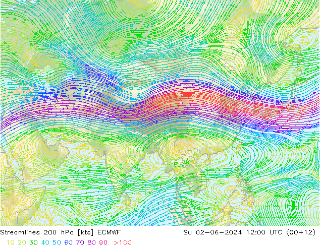 Línea de corriente 200 hPa ECMWF dom 02.06.2024 12 UTC