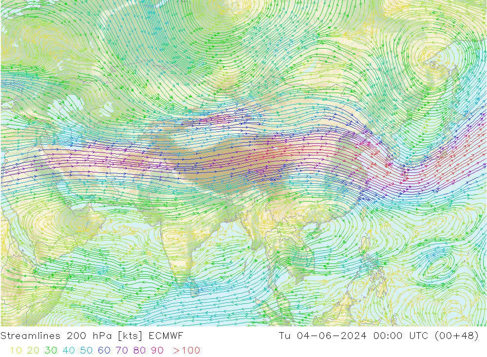 Linia prądu 200 hPa ECMWF wto. 04.06.2024 00 UTC