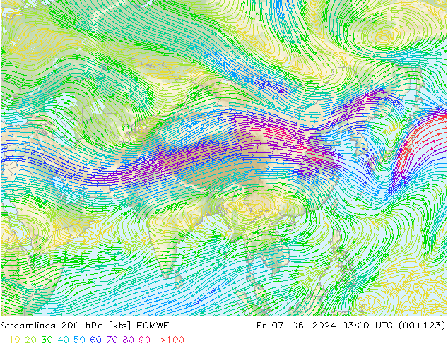 Linea di flusso 200 hPa ECMWF ven 07.06.2024 03 UTC