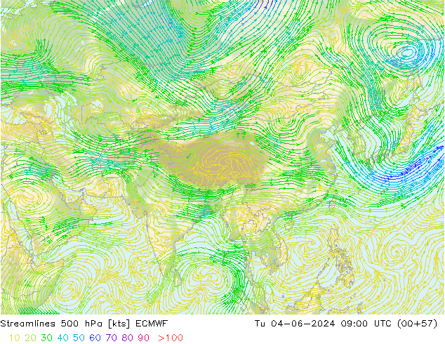 Linha de corrente 500 hPa ECMWF Ter 04.06.2024 09 UTC