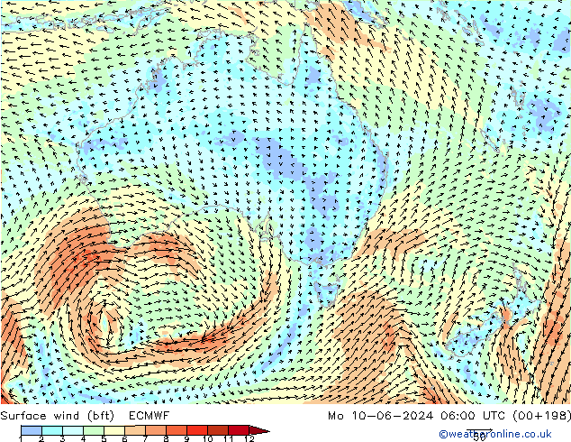 Rüzgar 10 m (bft) ECMWF Pzt 10.06.2024 06 UTC