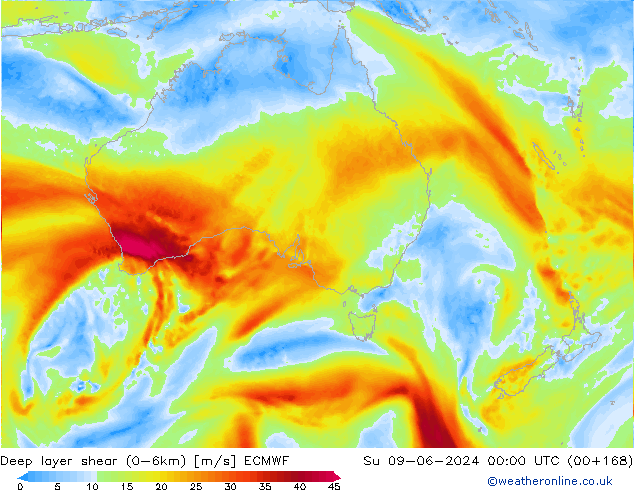 Deep layer shear (0-6km) ECMWF Su 09.06.2024 00 UTC