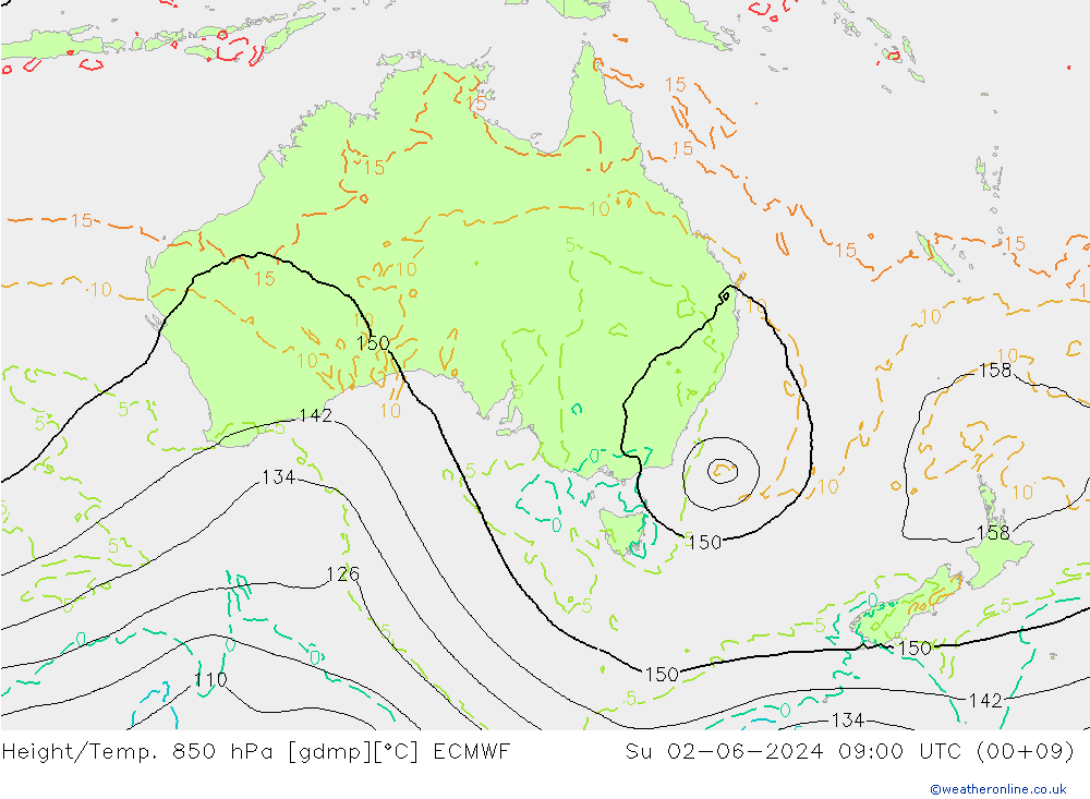Geop./Temp. 850 hPa ECMWF dom 02.06.2024 09 UTC