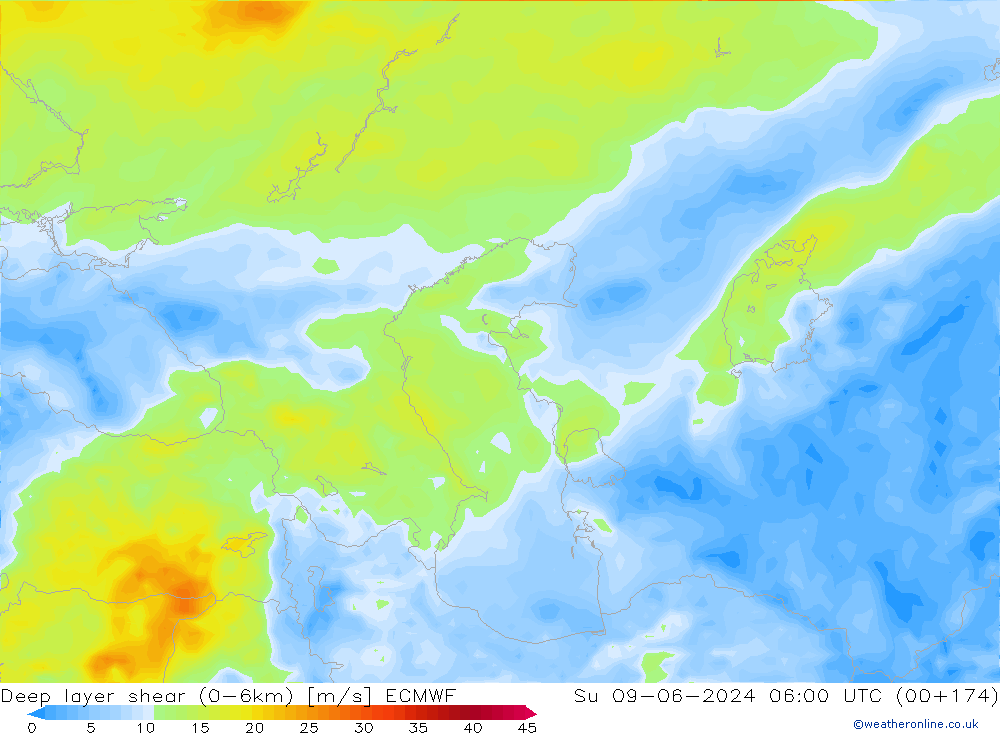 Deep layer shear (0-6km) ECMWF Su 09.06.2024 06 UTC