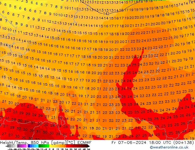 Hoogte/Temp. 850 hPa ECMWF vr 07.06.2024 18 UTC