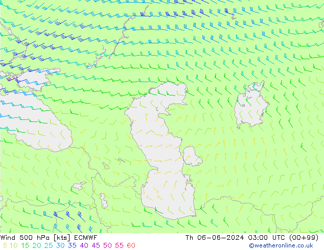 Vento 500 hPa ECMWF gio 06.06.2024 03 UTC