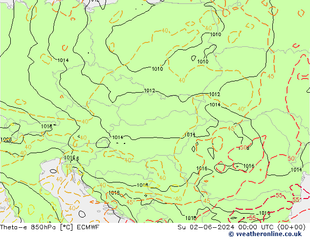 Theta-e 850hPa ECMWF Paz 02.06.2024 00 UTC