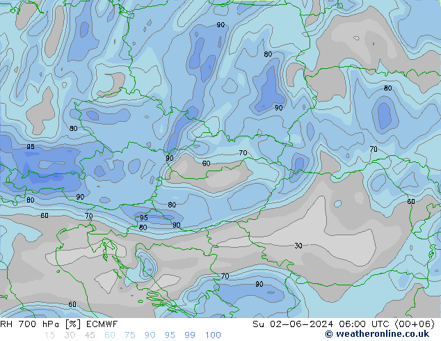 RH 700 hPa ECMWF nie. 02.06.2024 06 UTC