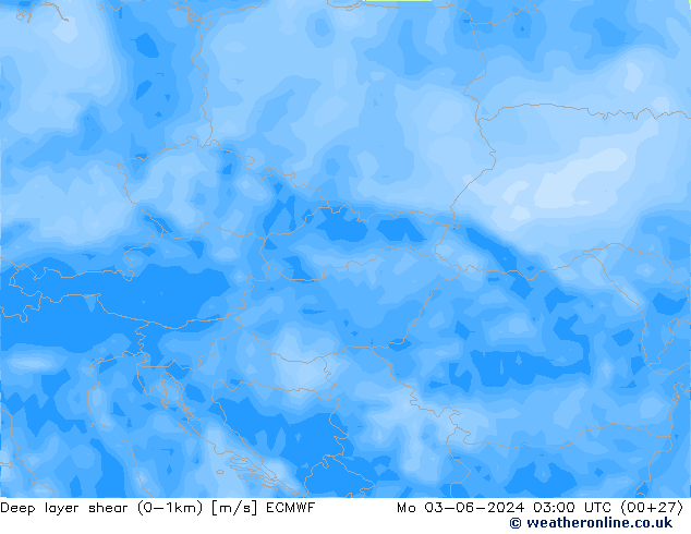 Deep layer shear (0-1km) ECMWF пн 03.06.2024 03 UTC