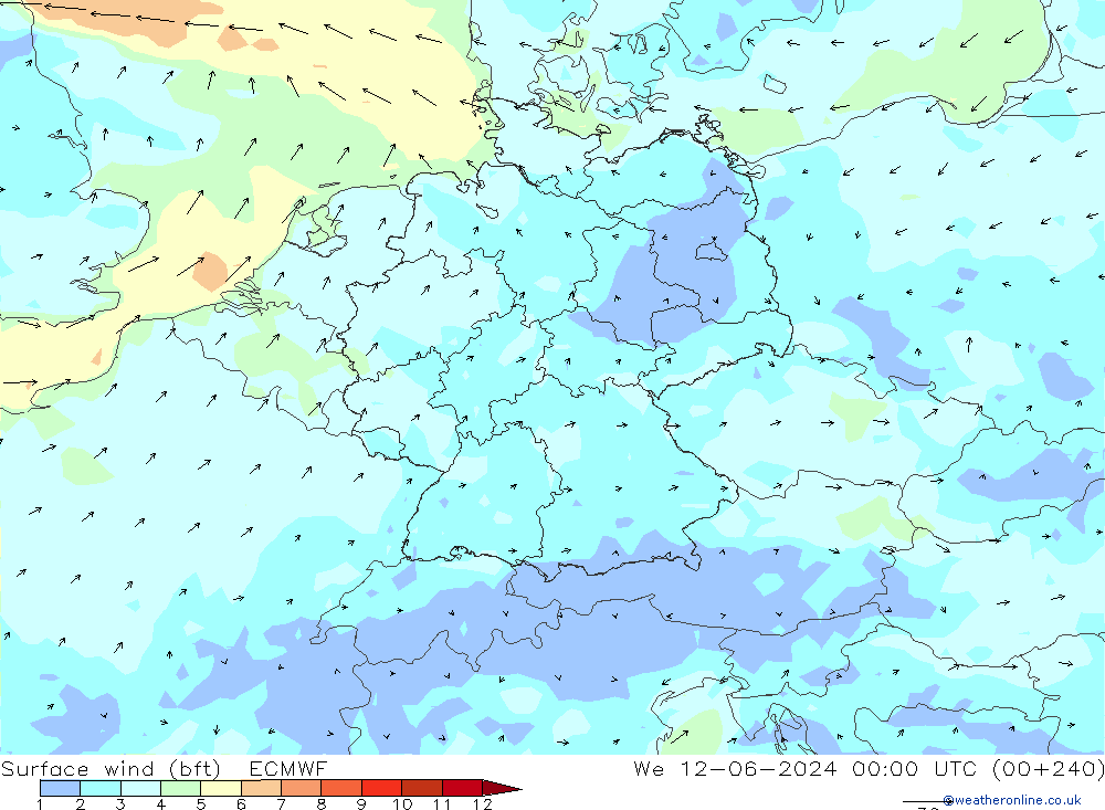 Viento 10 m (bft) ECMWF mié 12.06.2024 00 UTC