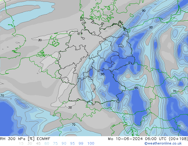 Humidité rel. 300 hPa ECMWF lun 10.06.2024 06 UTC