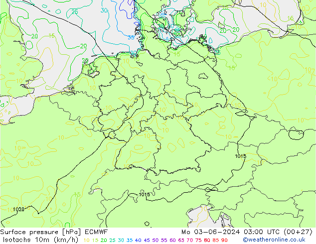 Izotacha (km/godz) ECMWF pon. 03.06.2024 03 UTC