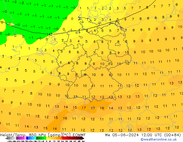 Height/Temp. 850 hPa ECMWF Mi 05.06.2024 12 UTC