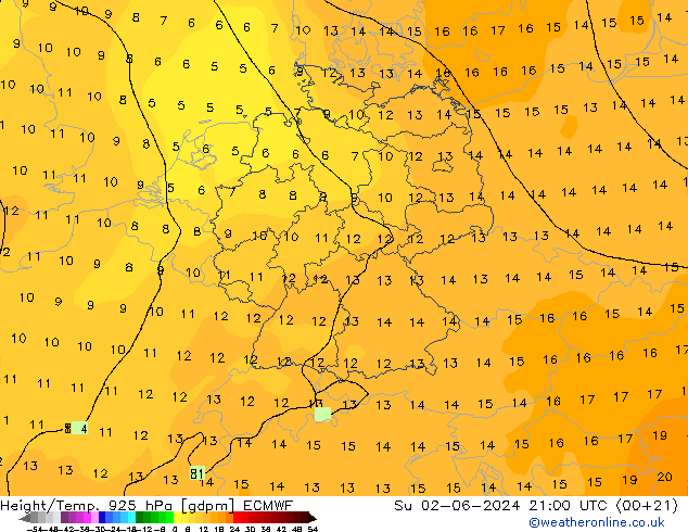 Height/Temp. 925 hPa ECMWF nie. 02.06.2024 21 UTC