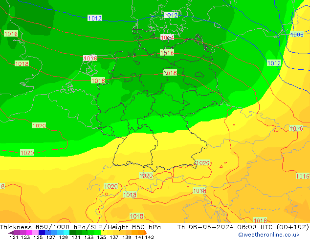 Thck 850-1000 гПа ECMWF чт 06.06.2024 06 UTC