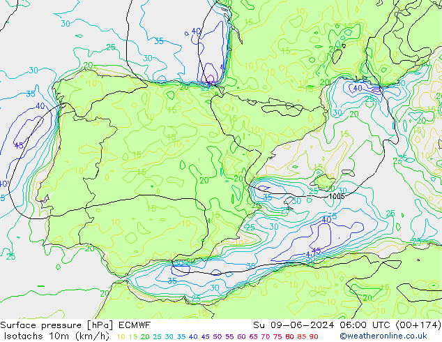 Izotacha (km/godz) ECMWF nie. 09.06.2024 06 UTC