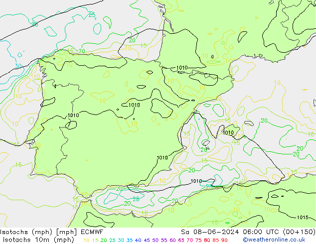 Isotachs (mph) ECMWF So 08.06.2024 06 UTC