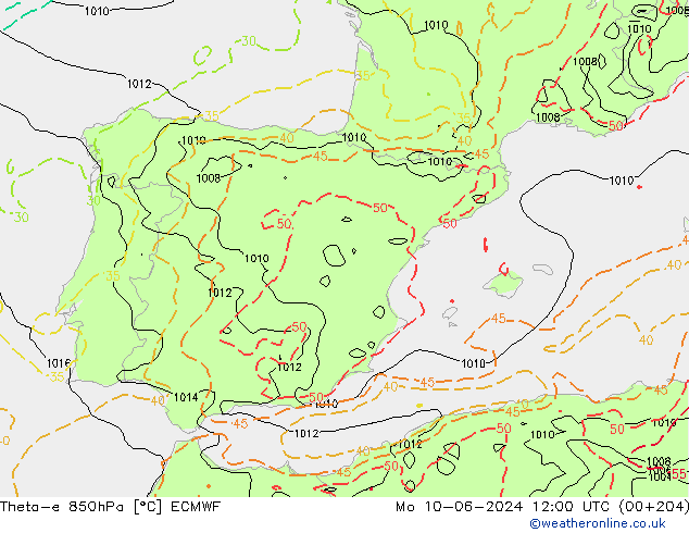 Theta-e 850hPa ECMWF Pzt 10.06.2024 12 UTC
