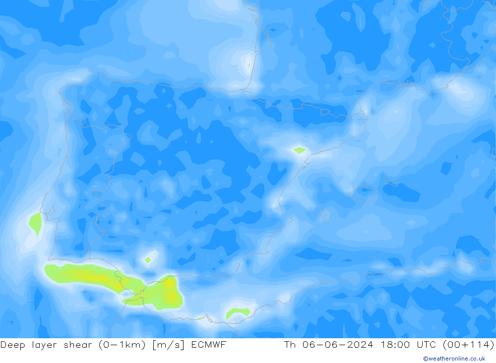 Deep layer shear (0-1km) ECMWF  06.06.2024 18 UTC