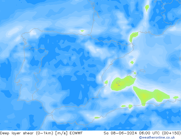 Deep layer shear (0-1km) ECMWF So 08.06.2024 06 UTC
