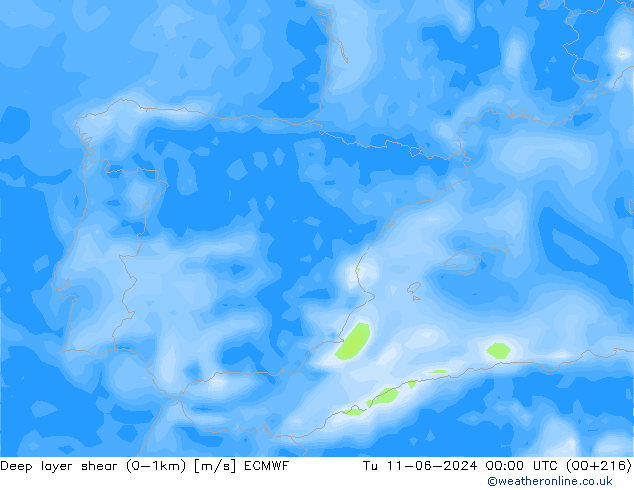 Deep layer shear (0-1km) ECMWF Tu 11.06.2024 00 UTC