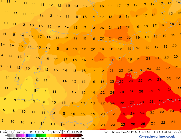 Height/Temp. 850 hPa ECMWF So 08.06.2024 06 UTC