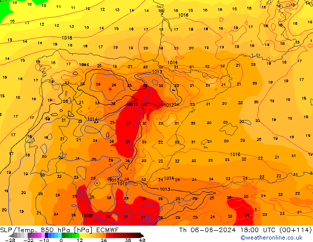 850 hPa Yer Bas./Sıc ECMWF Per 06.06.2024 18 UTC