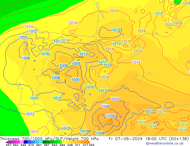 Thck 700-1000 гПа ECMWF пт 07.06.2024 18 UTC